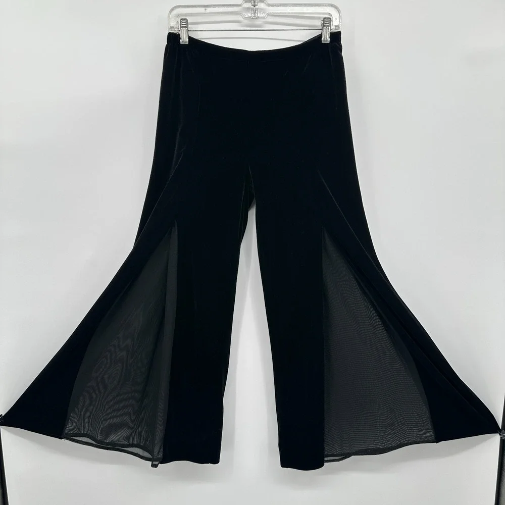 XSCAPE Joanna‎ Chen Pants Size 6 Black Velvet Chiffon Stretch Palazzo Wide Leg